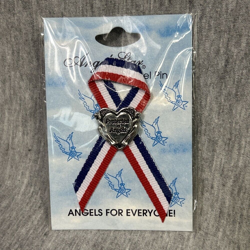Protected By Angels Lapel Pin Red White Blue Ribbon Encouragement Healing NIP